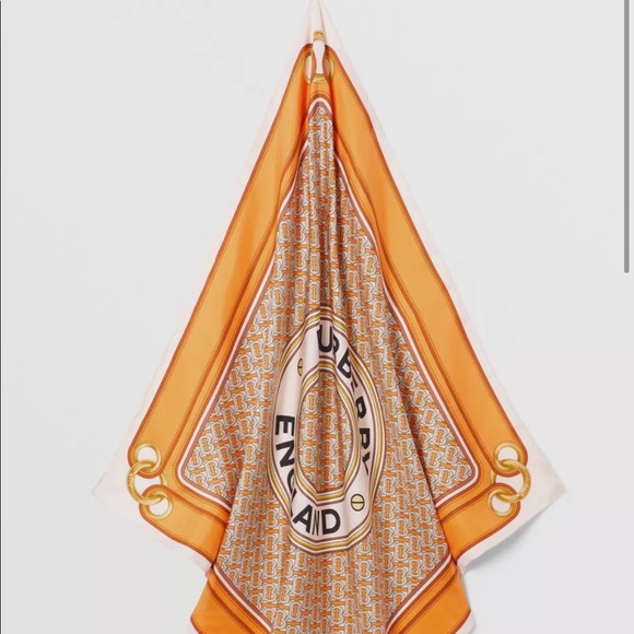Burberry Print Logo Silk Orange Twill Scarf - Picture 4 of 16